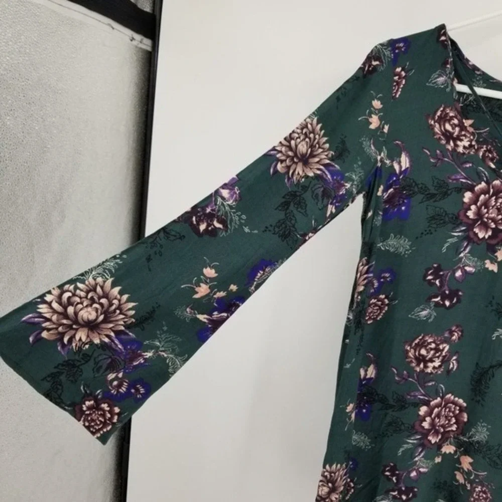 Free People Heartbeat Bell Sleeve Emerald Green Floral Dress XS Fairy Boho Flowy - Picture 4 of 13